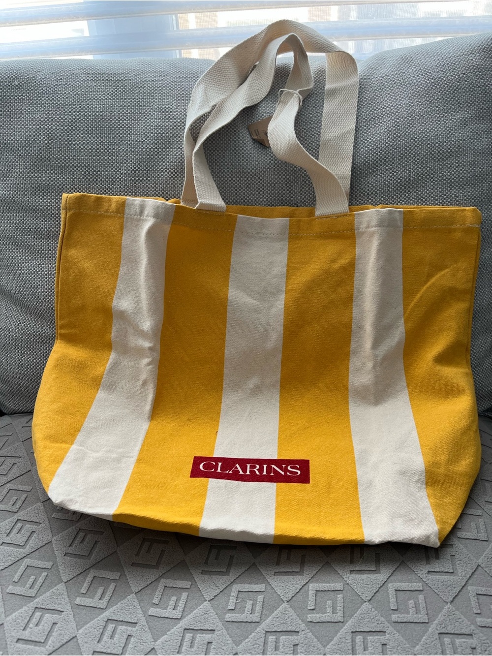 2/12$ Clarins Yellow & White Stripe Canvas Tote Bags